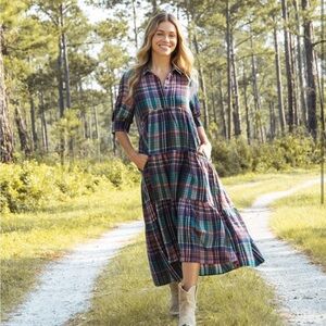 NATURAL LIFE Plaid Green and Purple Flannel Rebecca Midi Dress